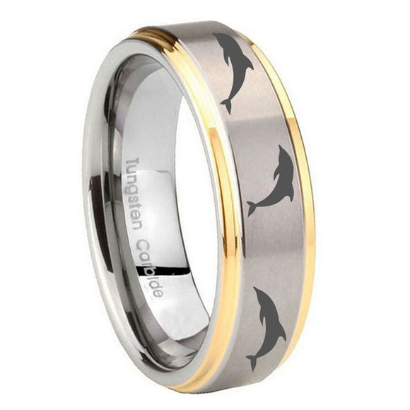 10mm Dolphins Step Edges Gold 2 Tone Tungsten Carbide Custom Mens Ring