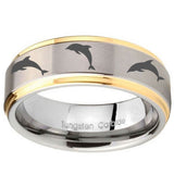 10mm Dolphins Step Edges Gold 2 Tone Tungsten Carbide Custom Mens Ring