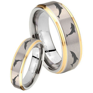 Bride and Groom Dolphins Step Edges Gold 2 Tone Tungsten Mens Wedding Band Set