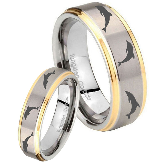 Bride and Groom Dolphins Step Edges Gold 2 Tone Tungsten Mens Wedding Band Set