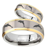 Bride and Groom Dolphins Step Edges Gold 2 Tone Tungsten Mens Wedding Band Set