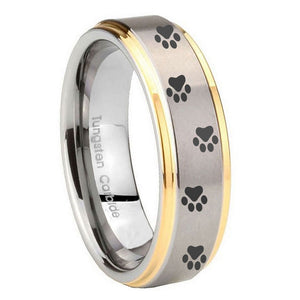 8mm Paw Print Step Edges Gold 2 Tone Tungsten Carbide Engagement Ring