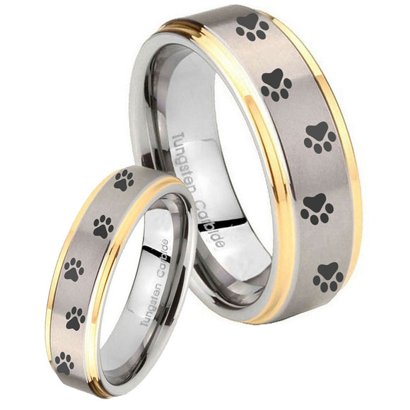 His Hers Paw Print Step Edges Gold 2 Tone Tungsten Men's Wedding Band Set