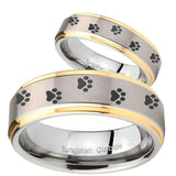 His Hers Paw Print Step Edges Gold 2 Tone Tungsten Men's Wedding Band Set