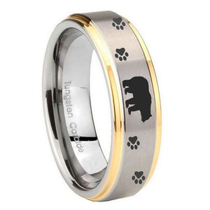 8mm Bear and Paw Step Edges Gold 2 Tone Tungsten Carbide Engraved Ring