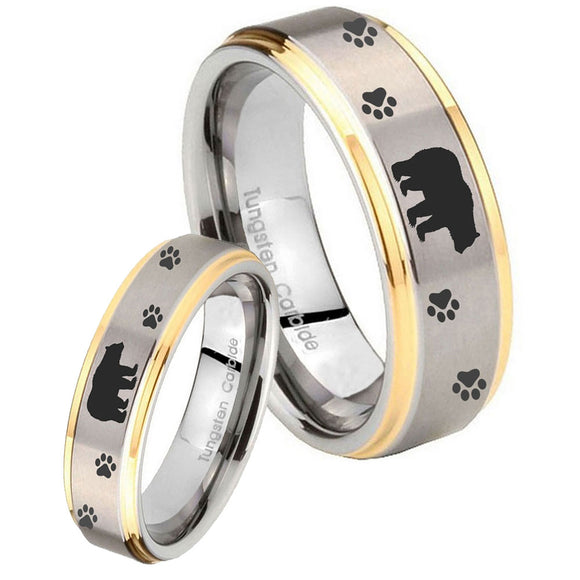 His Hers Bear and Paw Step Edges Gold 2 Tone Tungsten Mens Wedding Ring Set