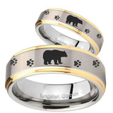 His Hers Bear and Paw Step Edges Gold 2 Tone Tungsten Mens Wedding Ring Set