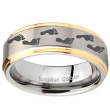 8mm Foot Print Step Edges Gold 2 Tone Tungsten Carbide Mens Anniversary Ring