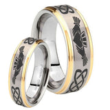 His and Hers Irish Claddagh Step Edges Gold 2 Tone Tungsten Engagement Ring Set