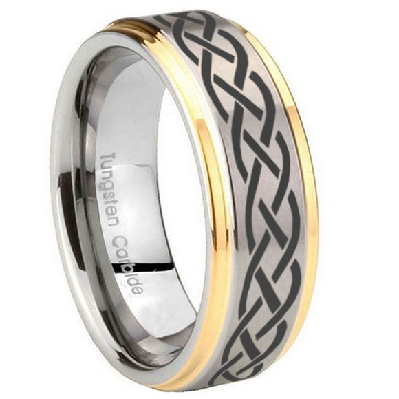 8mm Celtic Knot Step Edges Gold 2 Tone Tungsten Carbide Custom Mens Ring