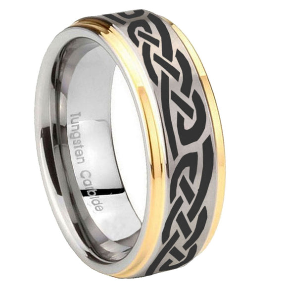 8mm Celtic Knot Infinity Love Step Edges Gold 2 Tone Tungsten Carbide Custom Mens Ring