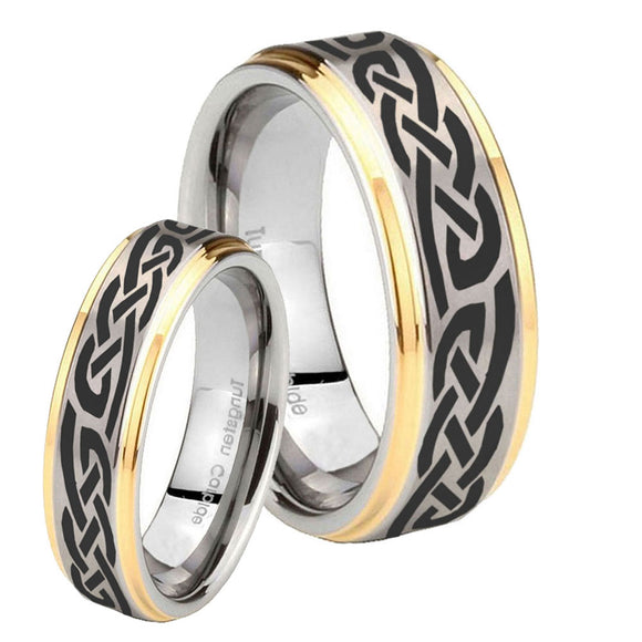 His Hers Celtic Knot Infinity Love Step Edges Gold 2 Tone Tungsten Engraving Ring Set