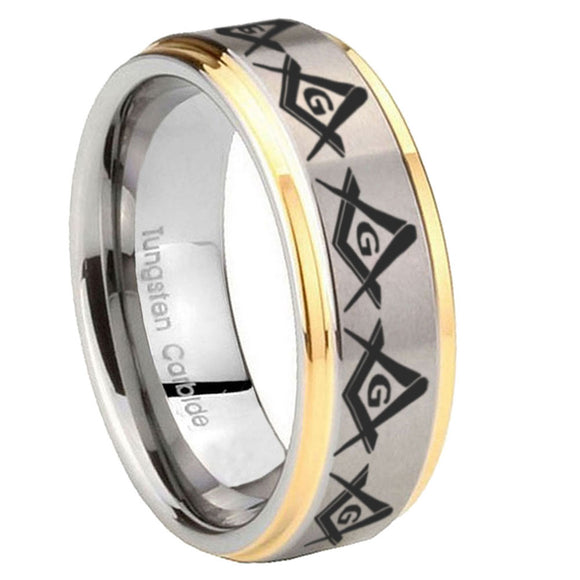 8mm Masonic Square and Compass Step Edges Gold 2 Tone Tungsten Carbide Custom Mens Ring