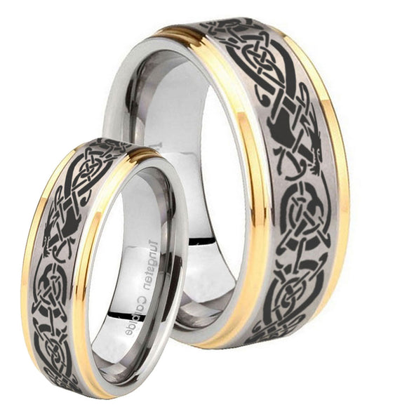 His Hers Celtic Knot Dragon Step Edges Gold 2 Tone Tungsten Mens Bands Ring Set