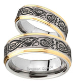 His Hers Celtic Knot Dragon Step Edges Gold 2 Tone Tungsten Mens Bands Ring Set