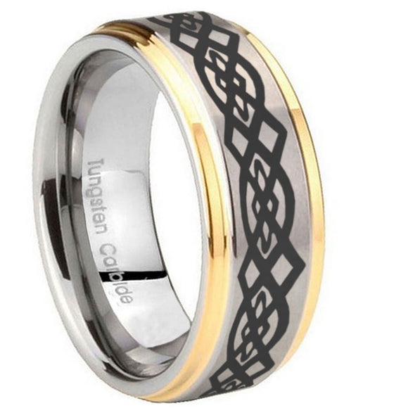 10mm Celtic Knot Step Edges Gold 2 Tone Tungsten Carbide Men's Ring