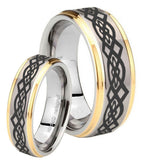 His Hers Celtic Knot Step Edges Gold 2 Tone Tungsten Mens Engagement Band Set