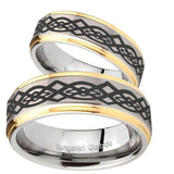 His Hers Celtic Knot Step Edges Gold 2 Tone Tungsten Mens Engagement Band Set