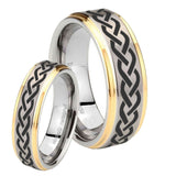 His Hers Laser Celtic Knot Step Edges Gold 2 Tone Tungsten Engraving Ring Set