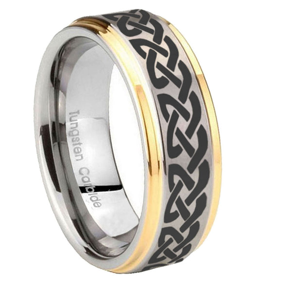 8mm Celtic Knot Love Step Edges Gold 2 Tone Tungsten Carbide Custom Mens Ring