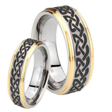 His Hers Celtic Knot Love Step Edges Gold 2 Tone Tungsten Engraving Ring Set