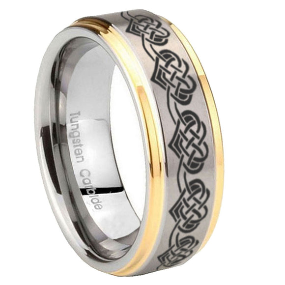 8mm Celtic Knot Heart Step Edges Gold 2 Tone Tungsten Carbide Custom Mens Ring