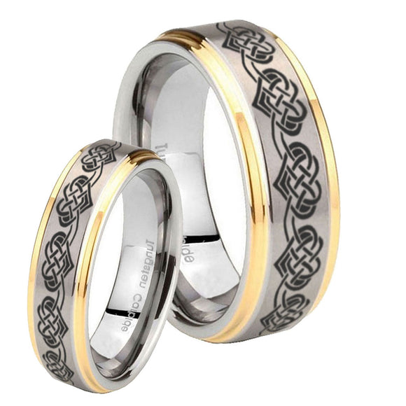 His Hers Celtic Knot Heart Step Edges Gold 2 Tone Tungsten Engraving Ring Set