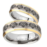 His Hers Celtic Knot Heart Step Edges Gold 2 Tone Tungsten Engraving Ring Set