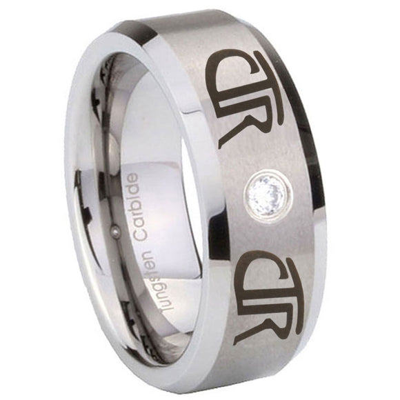 8mm CTR Beveled Edges Brushed Tungsten Carbide CZ Wedding Engraving Ring
