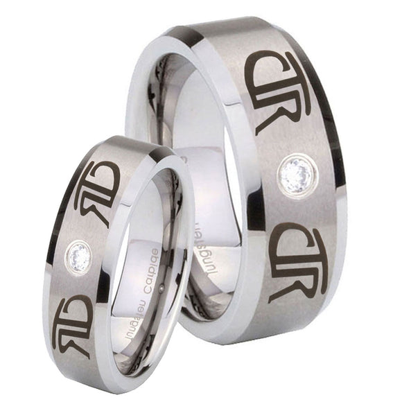 His Hers CTR Beveled Edges Brushed Tungsten CZ Wedding Engraving Ring Set