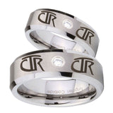 His Hers CTR Beveled Edges Brushed Tungsten CZ Wedding Engraving Ring Set