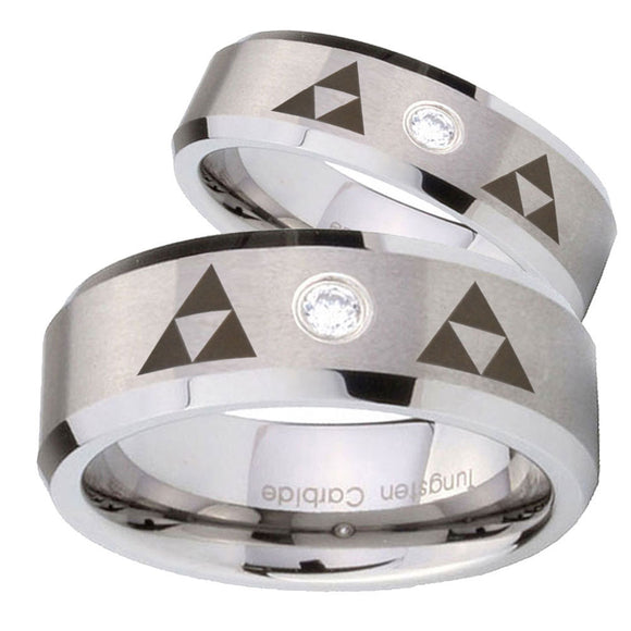 His Hers Triangle Zelda Beveled Brushed Tungsten CZ Wedding Engagement Ring Set