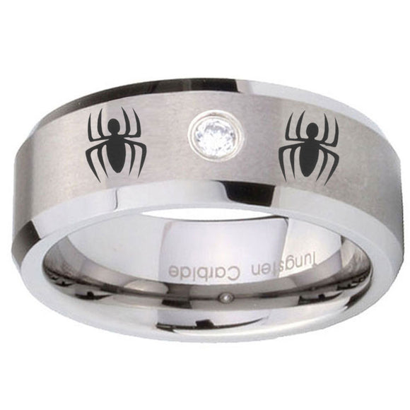 8mm Spiderman Beveled Edges Brushed Tungsten Carbide CZ Mens Wedding Ring