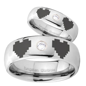 Bride and Groom Zelda Heart Dome Brushed Tungsten CZ Wedding Band Mens Set