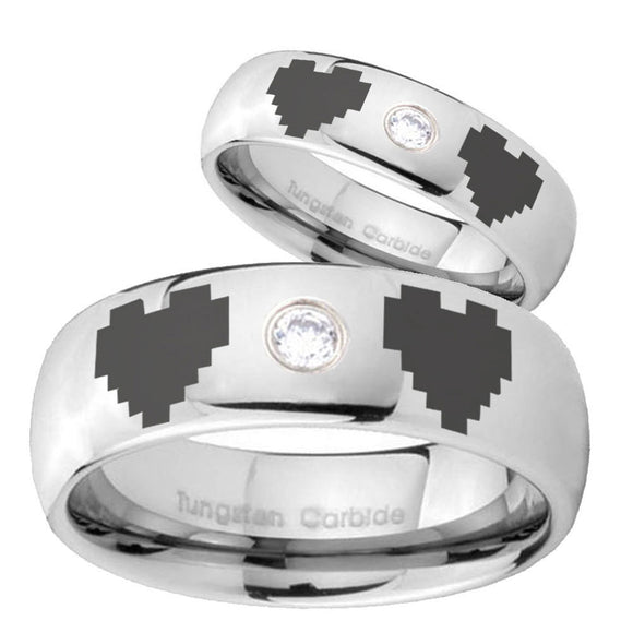 Bride and Groom Zelda Heart Dome Brushed Tungsten CZ Wedding Band Mens Set
