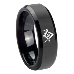 8mm Freemason Masonic Beveled Edges Black Tungsten Carbide Mens Engagement Band