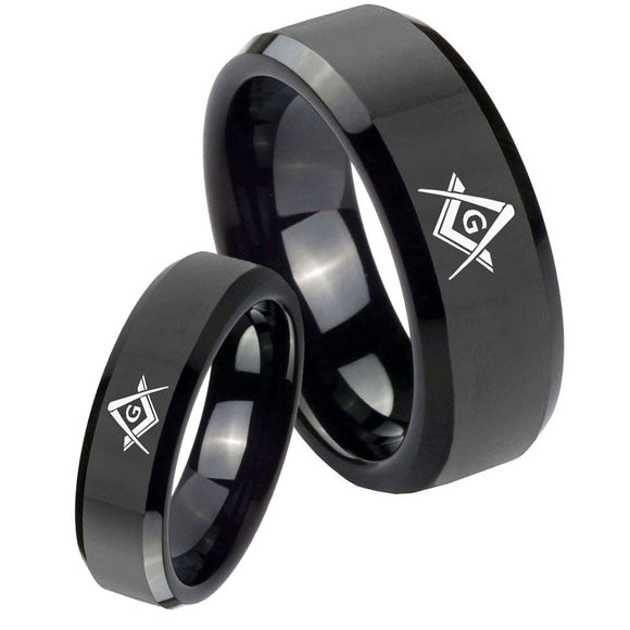 His Hers Freemason Masonic Beveled Edges Black Tungsten Promise Ring Set
