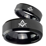 His Hers Freemason Masonic Beveled Edges Black Tungsten Promise Ring Set