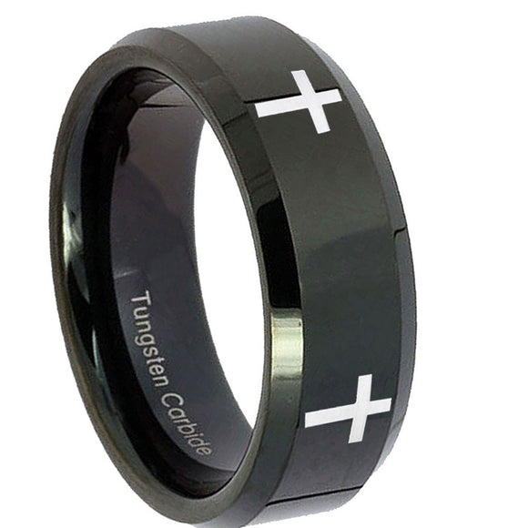 10mm Crosses Beveled Edges Black Tungsten Carbide Wedding Engraving Ring