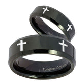 His and Hers Crosses Beveled Edges Black Tungsten Custom Ring for Men Set
