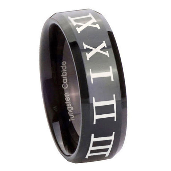 10mm Roman Numeral Beveled Edges Black Tungsten Carbide Men's Ring