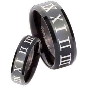 His Hers Roman Numeral Beveled Edges Black Tungsten Men's Wedding Band Set