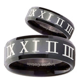 His Hers Roman Numeral Beveled Edges Black Tungsten Men's Wedding Band Set