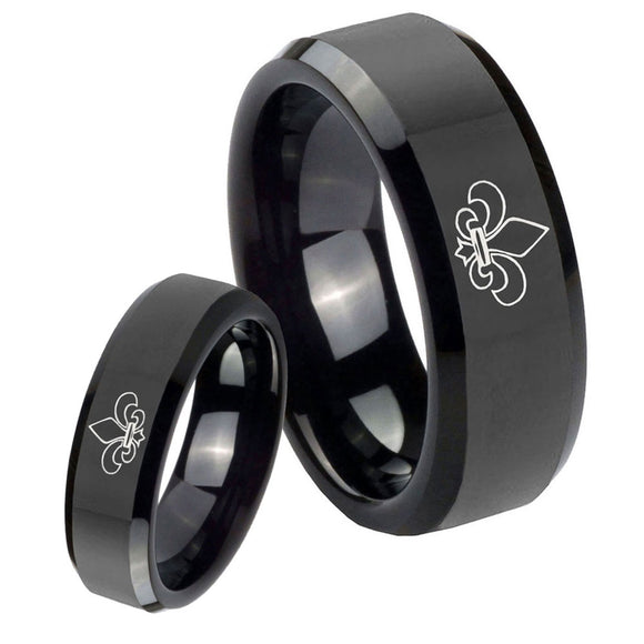 His Hers Fleur De Lis Beveled Edges Black Tungsten Promise Ring Set