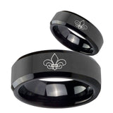 His Hers Fleur De Lis Beveled Edges Black Tungsten Promise Ring Set