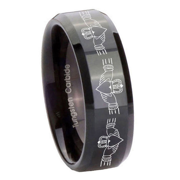 10mm Irish Claddagh Beveled Edges Black Tungsten Carbide Promise Ring