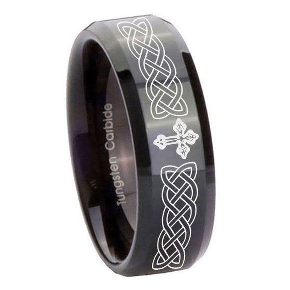 10mm Celtic Cross Beveled Edges Black Tungsten Carbide Anniversary Ring