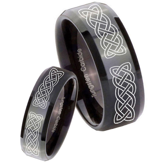 His Hers Celtic Knot Beveled Edges Black Tungsten Personalized Ring Set