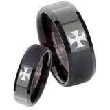 His Hers Maltese Cross Beveled Edges Black Tungsten Mens Wedding Ring Set