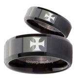 His Hers Maltese Cross Beveled Edges Black Tungsten Mens Wedding Ring Set